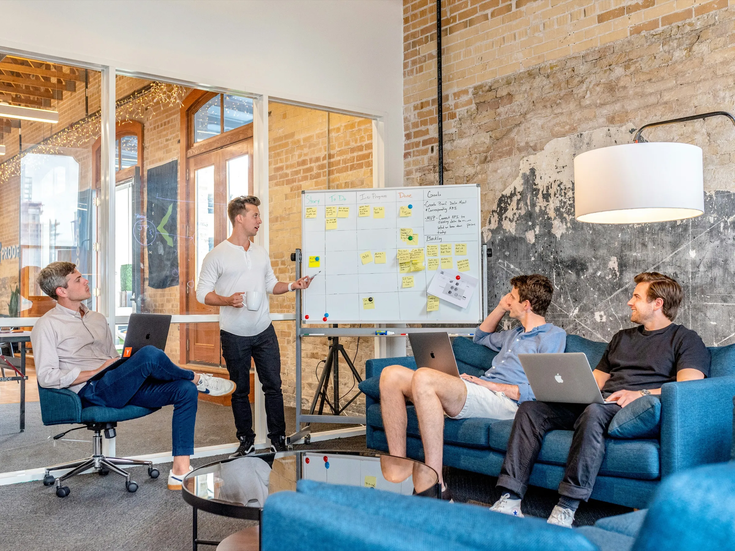 A student team planning a venture at a whiteboard